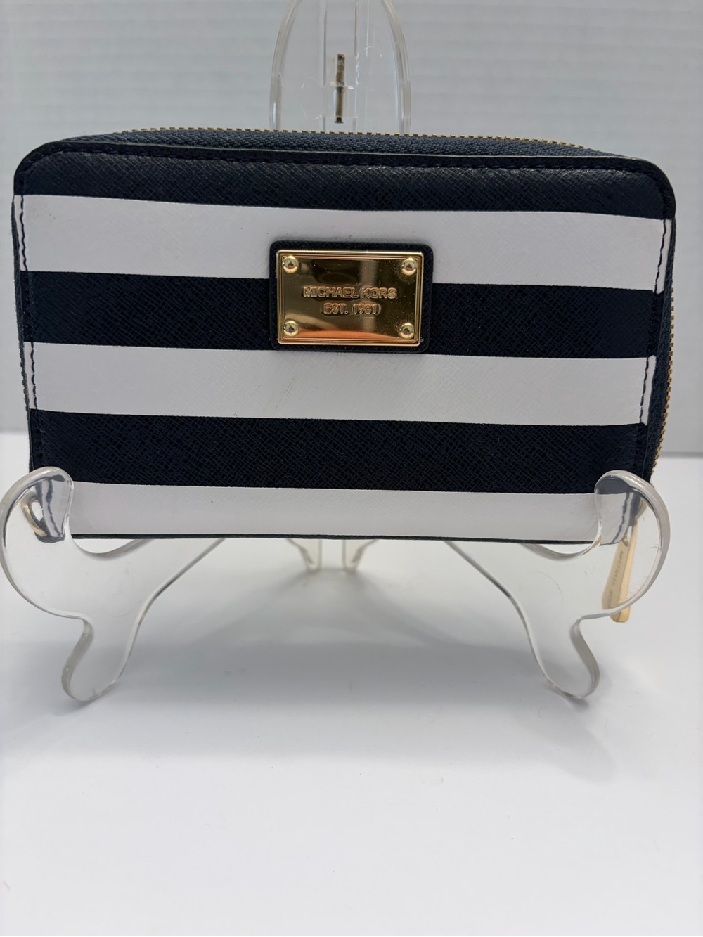 Michael Kors dark blue  and White Stripe Zip Wallet with Gold Plaque
